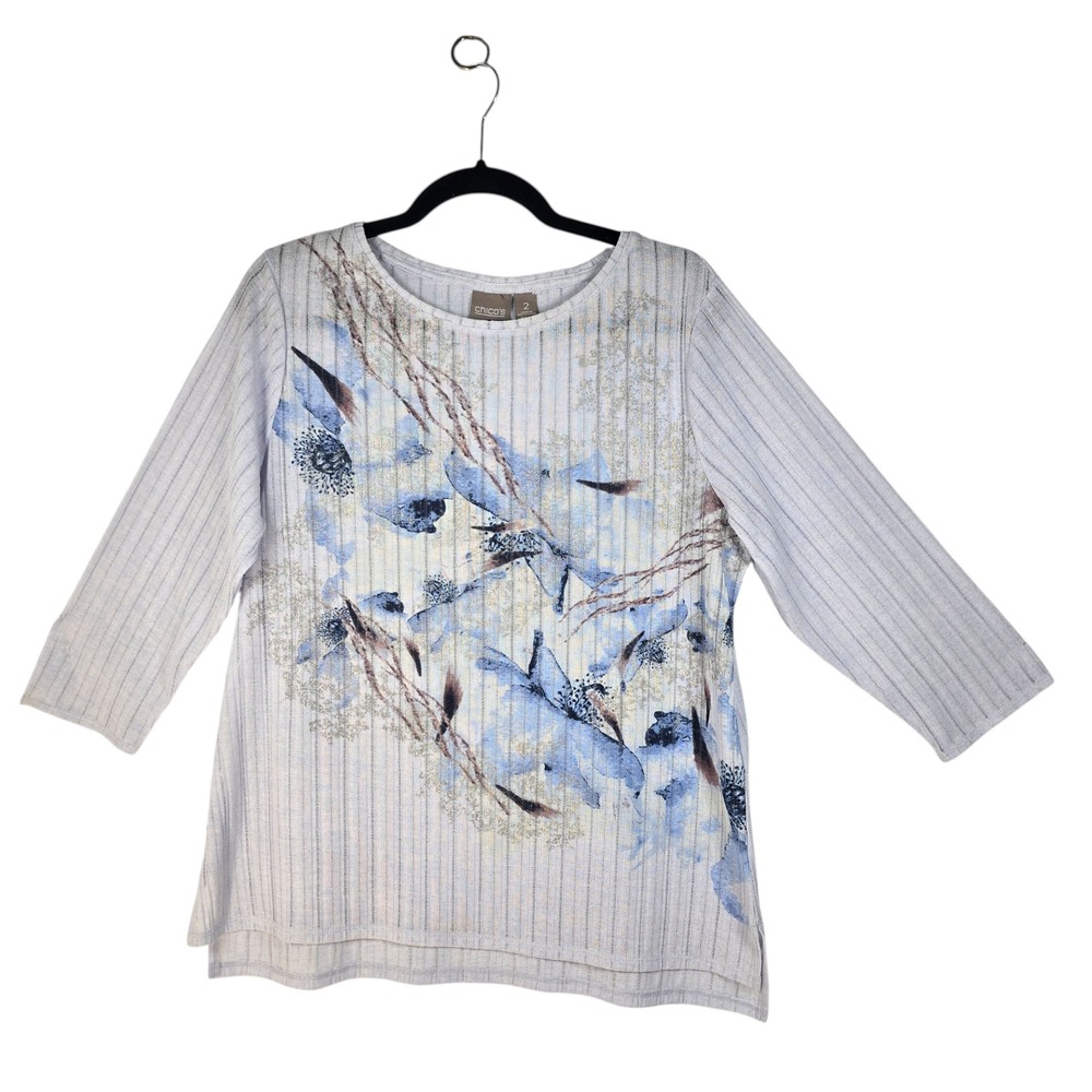 Chicos Blue Floral Ribbed Knit Top 3/4 Sleeve Metallic Accents Size 2 (Large)